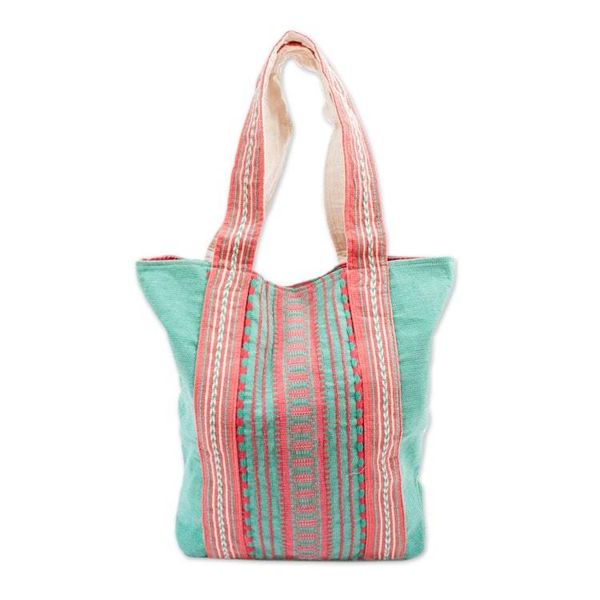 Alternate image for Mint and Hot Pink Striped Cotton Tote Bag Woven in Mexico Bright Stitches