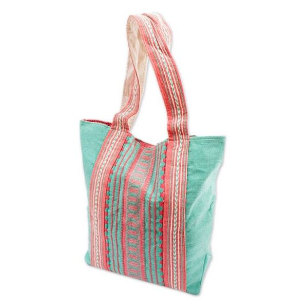 Alternate image for Mint and Hot Pink Striped Cotton Tote Bag Woven in Mexico Bright Stitches