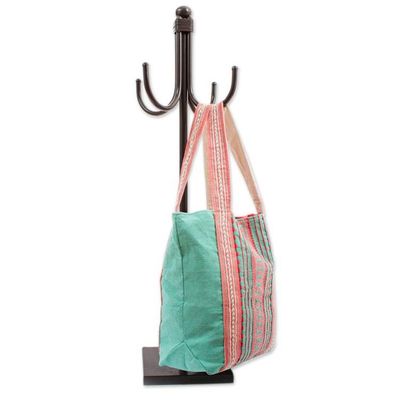 Alternate image for Mint and Hot Pink Striped Cotton Tote Bag Woven in Mexico Bright Stitches