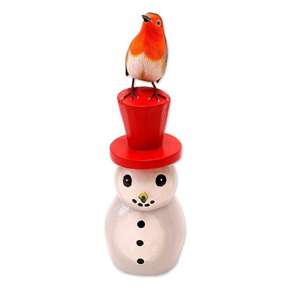 Alternate image for Suar Wood Bird Statuette with Snowman Motif Waiting for Spring
