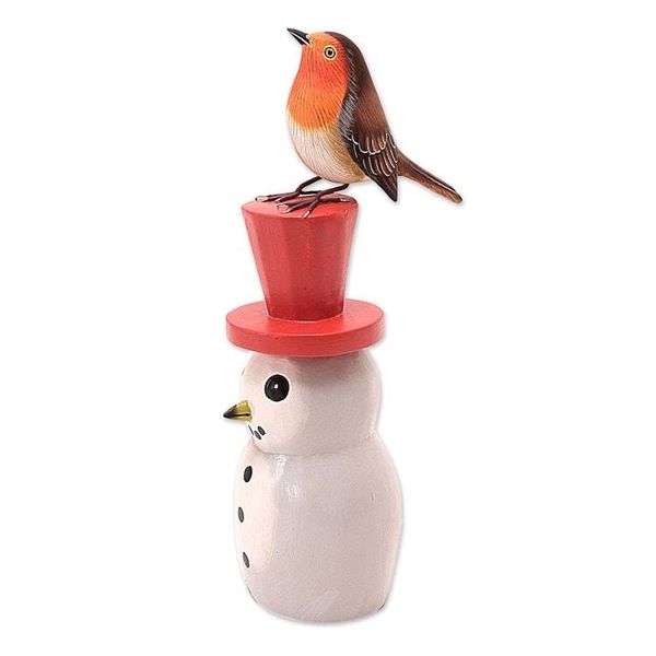Alternate image for Suar Wood Bird Statuette with Snowman Motif Waiting for Spring