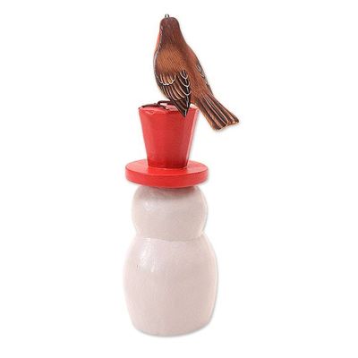 Alternate image for Suar Wood Bird Statuette with Snowman Motif Waiting for Spring