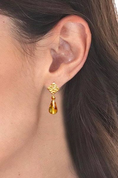Alternate image for 14k Gold-Plated Diamond-Shaped Amber Dangle Earrings Promise