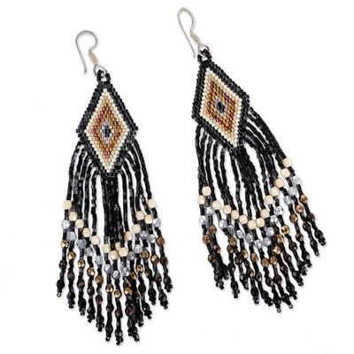Alternate image for Huichol Handcrafted Black-Brown Beadwork Waterfall Earrings Diamond Cascade