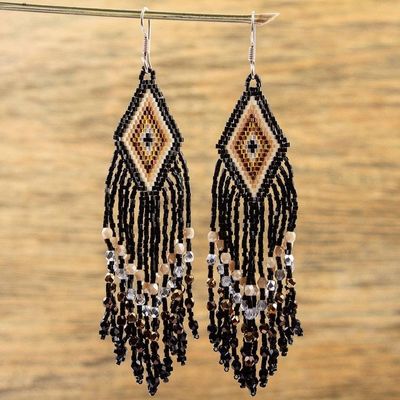Alternate image for Huichol Handcrafted Black-Brown Beadwork Waterfall Earrings Diamond Cascade