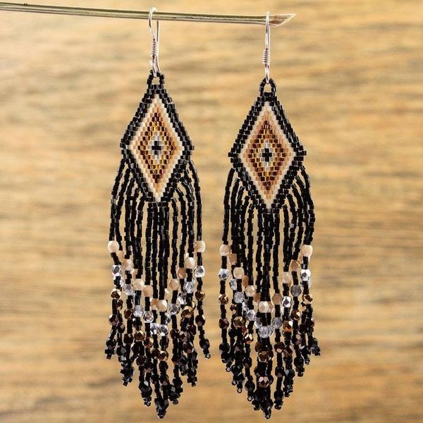 Alternate image for Huichol Handcrafted Black-Brown Beadwork Waterfall Earrings Diamond Cascade