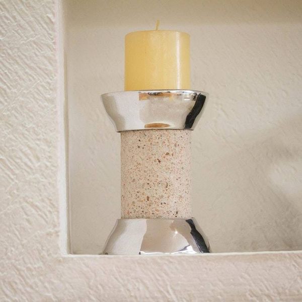 Alternate image for Pewter and Reclaimed Stone Candle Holder from Mexico Gleaming Brightness