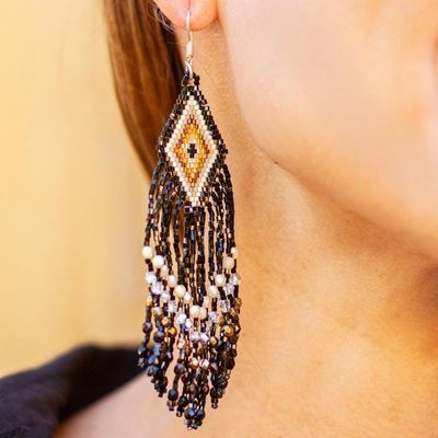 Alternate image for Huichol Handcrafted Black-Brown Beadwork Waterfall Earrings Diamond Cascade