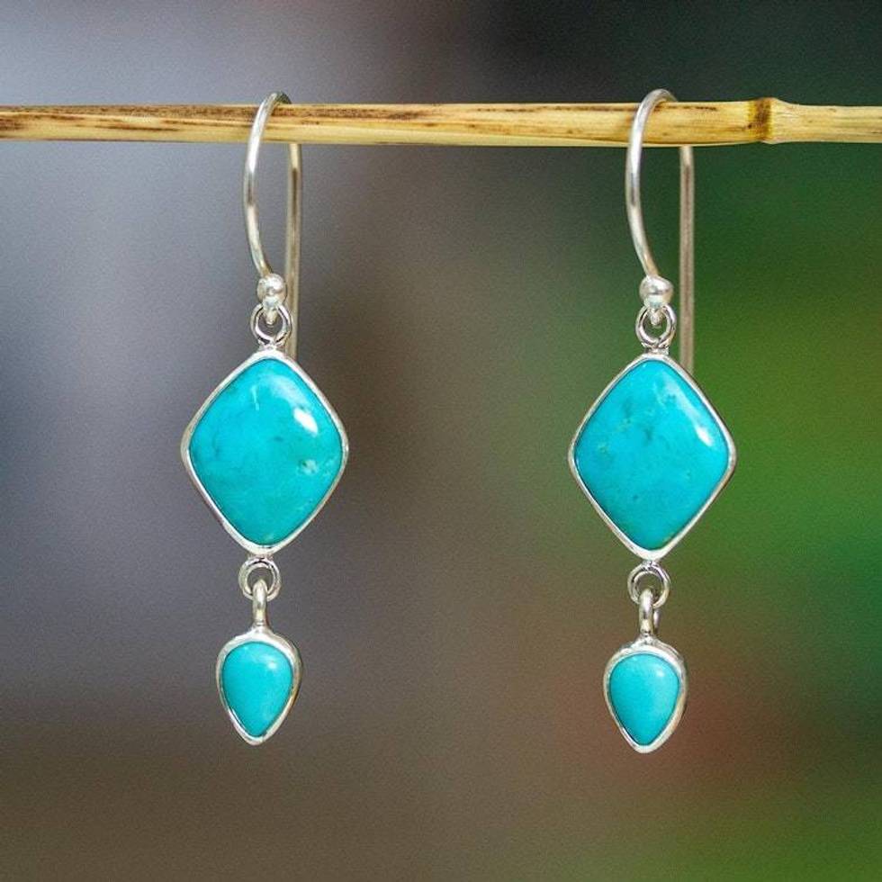 Polished Natural Turquoise Diamond-Shaped Dangle Earrings 'Jewels of Calm'