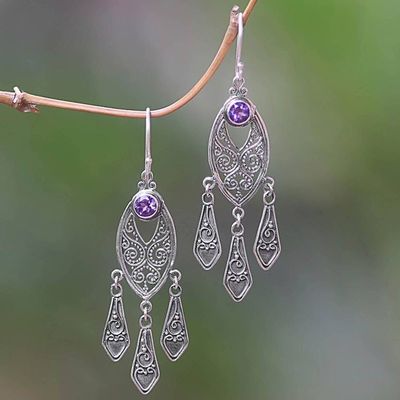 Primary image for Ornate Balinese Amethyst Chandelier Earrings in Silver 925 Balinese Wind Chime