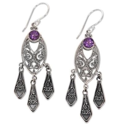 Alternate image for Ornate Balinese Amethyst Chandelier Earrings in Silver 925 Balinese Wind Chime