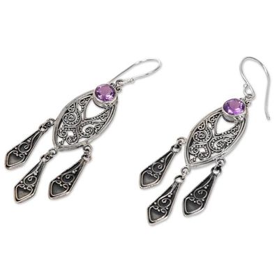 Alternate image for Ornate Balinese Amethyst Chandelier Earrings in Silver 925 Balinese Wind Chime