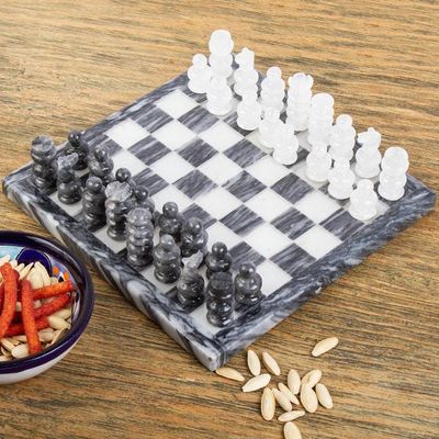 Main image for Mexican White Onyx and Charcoal Grey Marble Mini Chess Set White and Ash