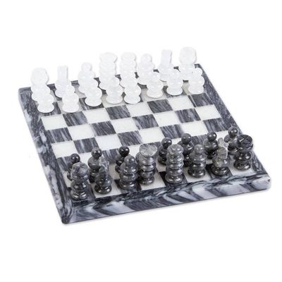 Alternate image for Mexican White Onyx and Charcoal Grey Marble Mini Chess Set White and Ash