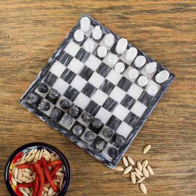 Alternate image for Mexican White Onyx and Charcoal Grey Marble Mini Chess Set White and Ash