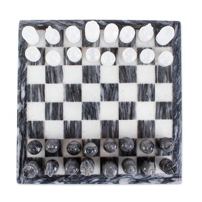 Alternate image for Mexican White Onyx and Charcoal Grey Marble Mini Chess Set White and Ash