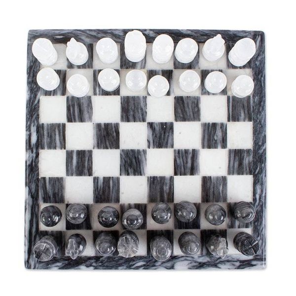 Alternate image for Mexican White Onyx and Charcoal Grey Marble Mini Chess Set White and Ash