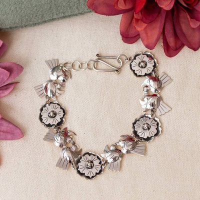 Main image for 925 Silver Bracelet with Flowers and Lovebirds from Mexico Mexican Romance