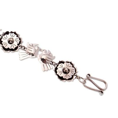 Alternate image for 925 Silver Bracelet with Flowers and Lovebirds from Mexico Mexican Romance
