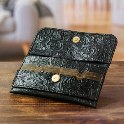 Alternate image for Baroque-Inspired Floral and Leafy Black Leather Wallet Dark Arcadia