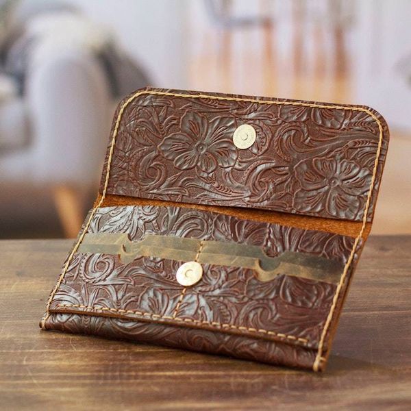 Alternate image for Baroque-Inspired Floral and Leafy Chocolate Leather Wallet Chocolate Arcadia