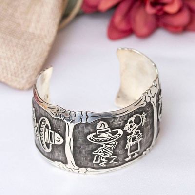 Alternate image for Mexican Day of the Dead Sterling Silver Cuff Bracelet Skeletal Hat Dance