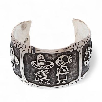 Alternate image for Mexican Day of the Dead Sterling Silver Cuff Bracelet Skeletal Hat Dance