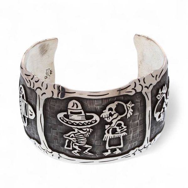 Alternate image for Mexican Day of the Dead Sterling Silver Cuff Bracelet Skeletal Hat Dance