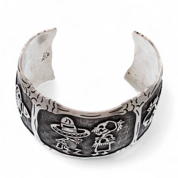 Alternate image for Mexican Day of the Dead Sterling Silver Cuff Bracelet Skeletal Hat Dance
