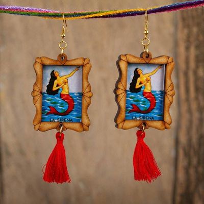 Main image for Handcrafted Mermaid Wood Frame Dangle Earrings with Tassels Siren Call