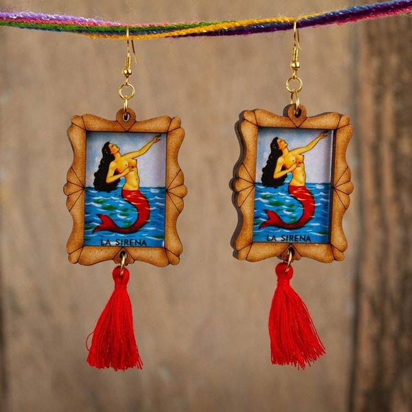 Alternate image for Handcrafted Mermaid Wood Frame Dangle Earrings with Tassels Siren Call