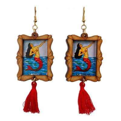 Alternate image for Handcrafted Mermaid Wood Frame Dangle Earrings with Tassels Siren Call