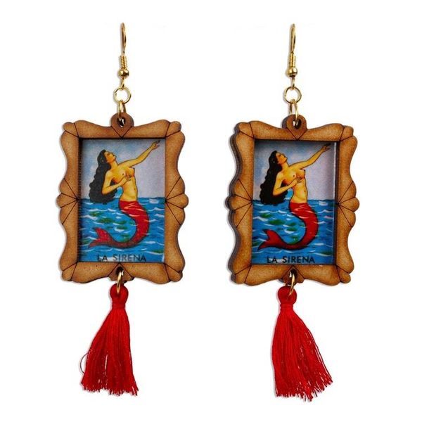 Alternate image for Handcrafted Mermaid Wood Frame Dangle Earrings with Tassels Siren Call