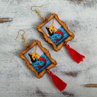Alternate image for Handcrafted Mermaid Wood Frame Dangle Earrings with Tassels Siren Call