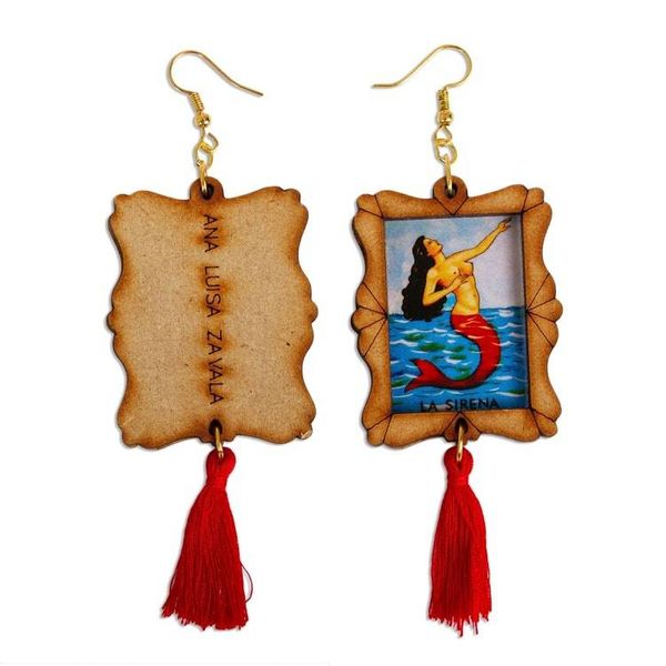 Alternate image for Handcrafted Mermaid Wood Frame Dangle Earrings with Tassels Siren Call