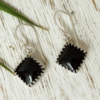 Alternate image for Modern Taxco Silver and Obsidian Dangle Earrings from Mexico Nighttime Diamond