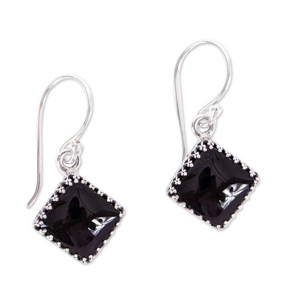 Alternate image for Modern Taxco Silver and Obsidian Dangle Earrings from Mexico Nighttime Diamond