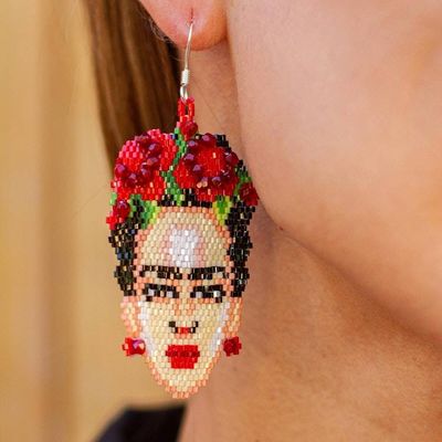 Alternate image for Handcrafted Frida Kahlo Huichol Earrings in Beadwork Immortal Frida