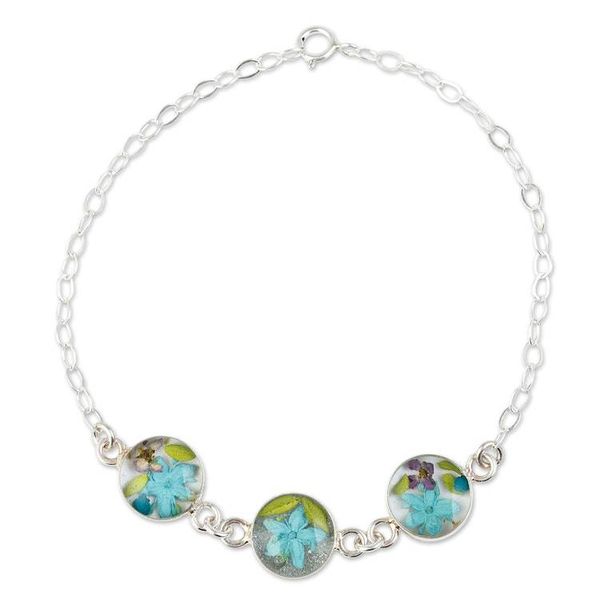 Alternate image for Blue Resin and Flower Pendants on a Sterling Silver Chain Turquoise Trio