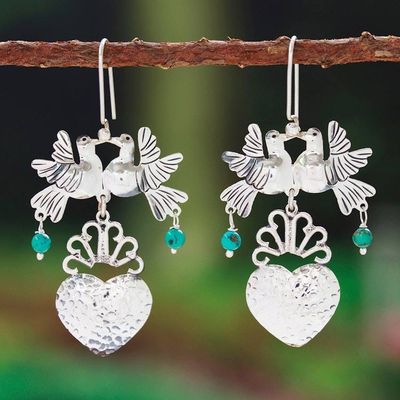Alternate image for Taxco 925 Silver Turquoise Bird  Heart Chandelier Earrings Bird Heart in Green