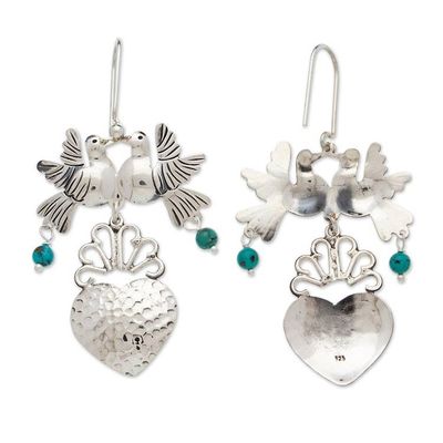 Alternate image for Taxco 925 Silver Turquoise Bird  Heart Chandelier Earrings Bird Heart in Green