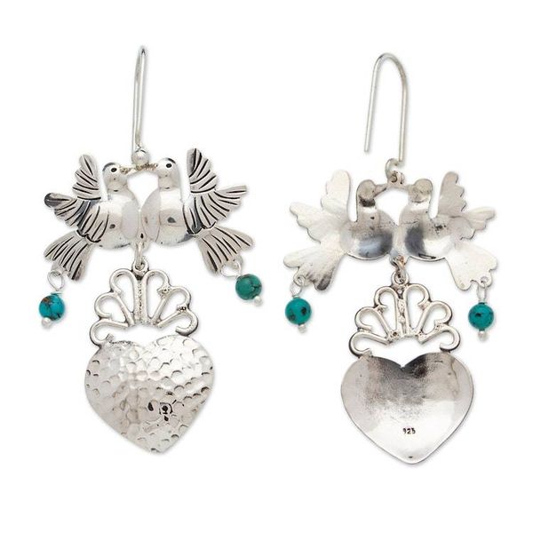 Alternate image for Taxco 925 Silver Turquoise Bird  Heart Chandelier Earrings Bird Heart in Green