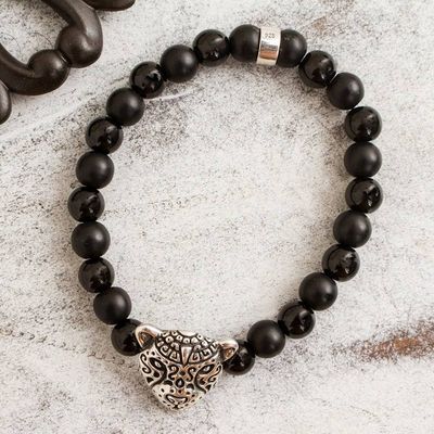 Alternate image for Onyx Beaded Stretch Bracelet with Jaguar Pendant from Mexico Stylized Jaguar