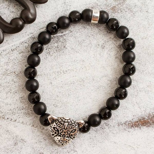 Alternate image for Onyx Beaded Stretch Bracelet with Jaguar Pendant from Mexico Stylized Jaguar