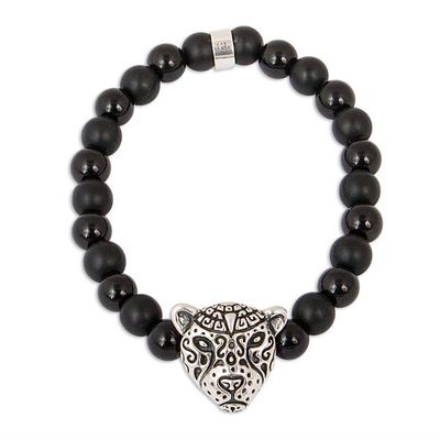 Alternate image for Onyx Beaded Stretch Bracelet with Jaguar Pendant from Mexico Stylized Jaguar