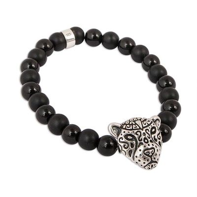 Alternate image for Onyx Beaded Stretch Bracelet with Jaguar Pendant from Mexico Stylized Jaguar