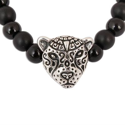 Alternate image for Onyx Beaded Stretch Bracelet with Jaguar Pendant from Mexico Stylized Jaguar