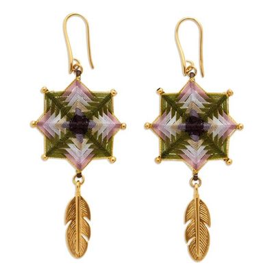 Alternate image for 18k Gold-Plated Dangle Earrings with Olive Geometric Design Olive Feather