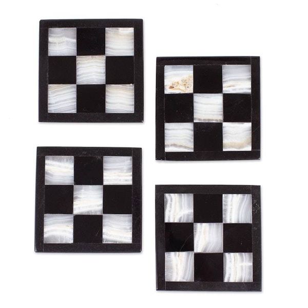 Alternate image for 4 Modern Square Onyx Marble Coasters with Chess Board Theme Chess Elegance