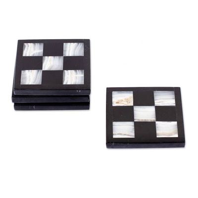 Alternate image for 4 Modern Square Onyx Marble Coasters with Chess Board Theme Chess Elegance